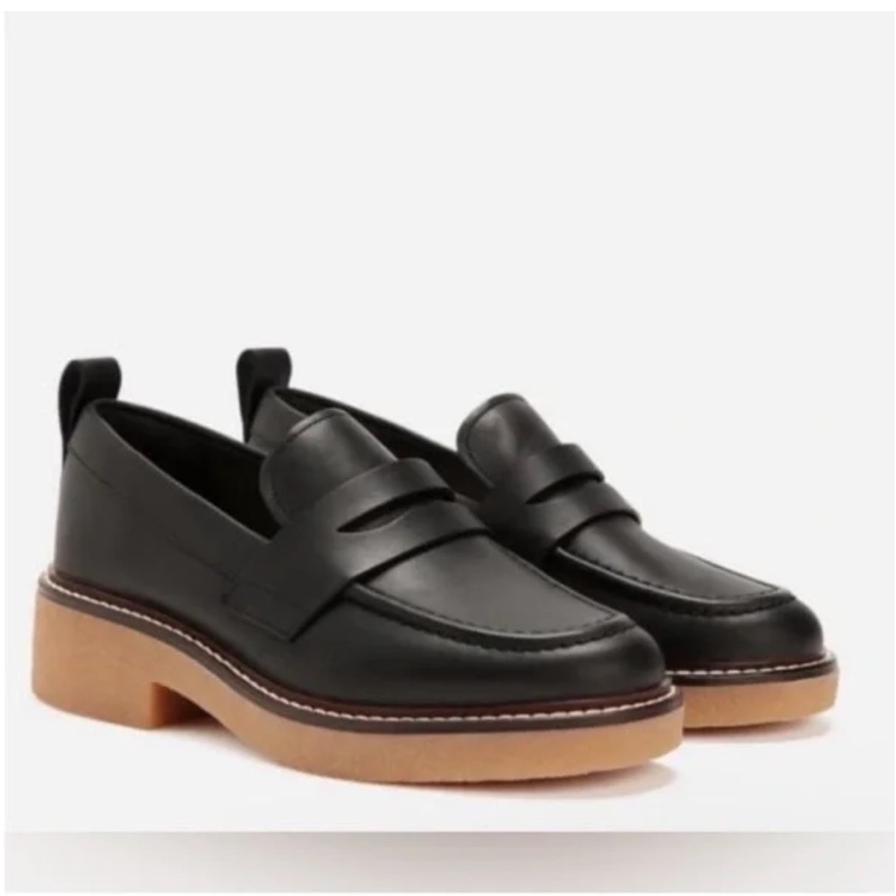 Everlane Black Leather Penny Loafers with Tan Lug Sole
